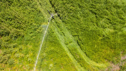 sprinkler irrigation seen from above with drone