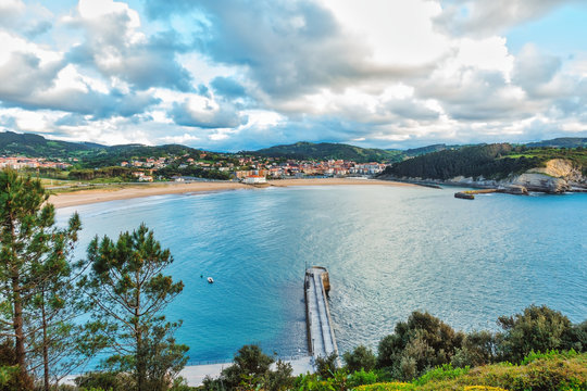 Aerial view of coast and beach in Gorliz, Basque country, Spain.