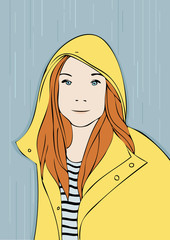 Portrait of a young girl in a yellow raincoat - 265977703