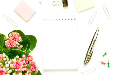  Flat lay home office desk. Female workspace with Kalanchoe flowering plant, notebook, stationery supplies on white background. Top view with copy space.