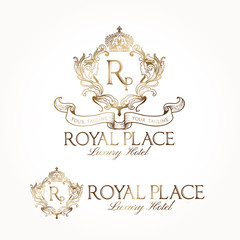 Royal Place Logo template. Brand identity design for hotel and luxury product. Design with gold and Historical  Vintage retro style - Vector