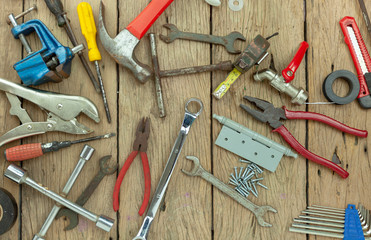 Set of tools on wooden background concept Father day and labor day background