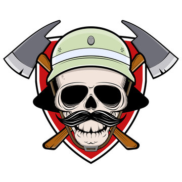 firefighter skull sign with shield helmet and axe