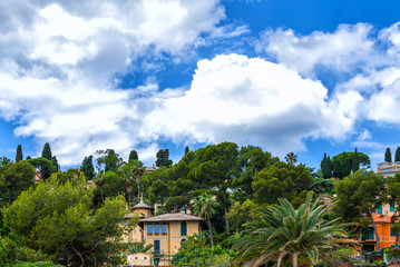 Fototapeta na wymiar Morning view of Liguria landscape on coastline of mediterranean sea, Italy. View of the picturesque hill with luxury villas. Facades of villas in the lush garden.