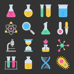 Chemistry science laboratory colorful vector icon set on dark background. Pharmacy and chemistry, education and science elements and equipment