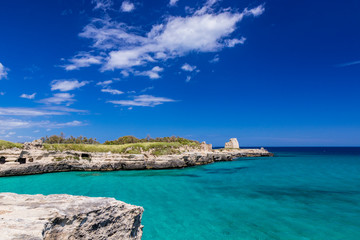Fototapeta na wymiar The important archaeological site and tourist resort of Roca Vecchia, Puglia, Salento, Italy. Turquoise sea, clear blue sky, rocks, sun, lush vegetation in summer. The sixteenth-century lookout tower