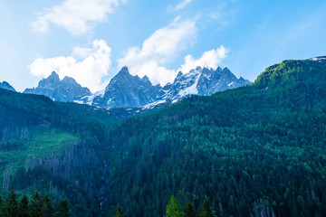 Chamonix Mont Blanc, famous ski resort in Alps mountains, France. Summer landscape.