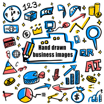  Hand-drawn illustration set to image the business scene, illustration of finance, money, business, career up, time, various graphs