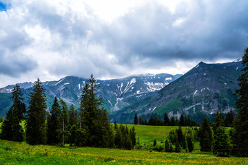 Alpine spring landscape with peaks covered by snow and clouds. View of idyllic mountain scenery in the Swiss Alps with fresh green meadows in a beautiful day in springtime.