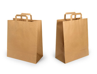 Folded paper bag with handle side view isolated on white background