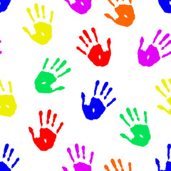 Fototapeta premium Child's handprints on white background. Seamless pattern with colorful imprints of kids hands for wallpaper