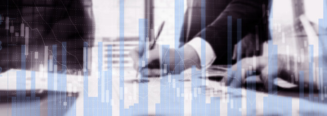 Silhouettes of Business People. Stock Market Graph and Bar Candlestick Chart.