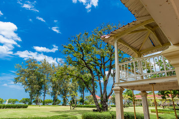 Palace Marukhathaiyawan on blue sky background in Cha-Am, Phetchaburi, Thailand