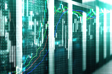 Broker monitoring center. Stock market management center. Trading algorithms on server room.