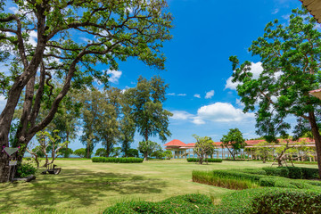 Palace Marukhathaiyawan on blue sky background in Cha-Am, Phetchaburi, Thailand