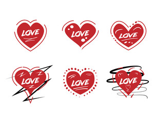 Set of red stylized hearts. Hearts of different styles. Vector heart on white background.