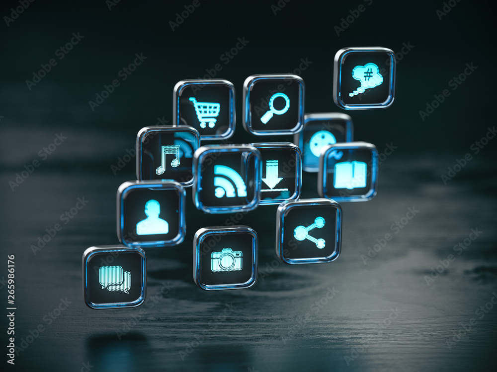 Aufkleber software and apps icon cloud concept background.