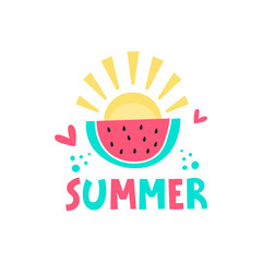 Summer watermelon and sun hand lettering word. Hand drawn vector phrase. Greeting card, banner, poster design element on the white background.