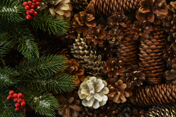 Christmas background with fir tree, red berries and fir cones. View with copy space.