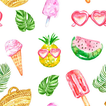 Watercolour summer pattern with fresh fruits, ice cream, sunglasses, popsicles and tropical leaves on white background.