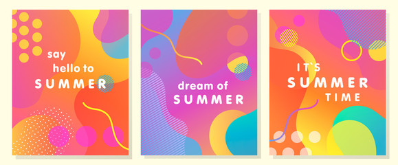 Unique artistic summer cards with bright gradient background,shapes and geometric elements in memphis style.Abstract design cards perfect for prints,flyers,banners,invitations,special offer and more.