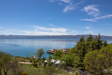Fototapeta na wymiar Landscape over the Gulf of Bones with pile houses. Ohrid Lake.