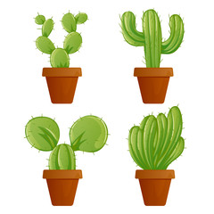 Green mexican cactus plant or cacti succulent in garden pots different set vector illustration of houseplant isolated on white background Perfect to use in web graphic or advertising print design