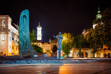 Monument to Taras Shevchenko in Lviv at night