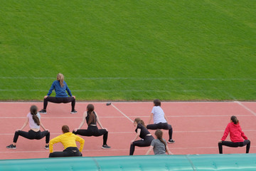 Strengthening and tightening the pelvic muscles and thighs. A group of young girls engaged in...