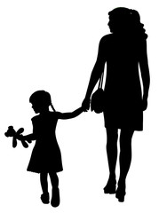 Silhouette of a woman walking with her daughter