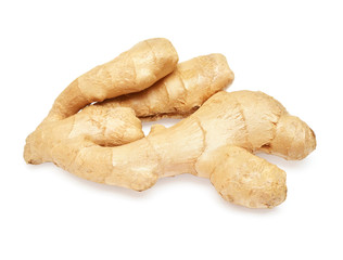 Fresh ginger root isolated on white background. Creative medical concept, spice in cooking. Flat lay, top view
