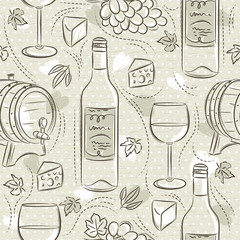 Beige seamless patterns with red wine set, cask, barrel, wineglass, grape and cheese. Ideal for printing onto fabric and paper or scrap booking.