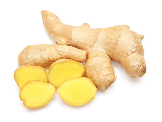 Fresh ginger root and slice isolated on white background. Creative medical concept, spice in...