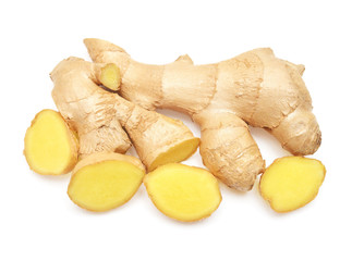 Fresh ginger root and slice isolated on white background. Creative medical concept, spice in...
