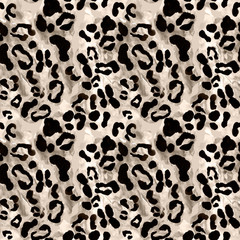 Snow leopard or jaguar coat seamless pattern with black rossetes on gray brown background. Exotic wild animal skin print.