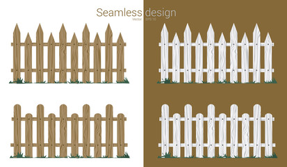 Seamless wooden fence in white and brown colors. Vector gate seamless cartoon pattern realistic illustration.