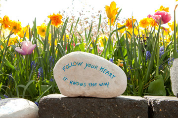 Stone with text: Follow your heart it knows the way against beautiful flowers