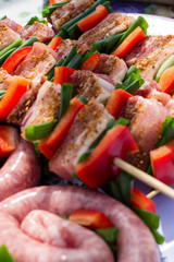 Close up pf delicious chicken breast on wooden skew with fresh vegetables, garlic, paprika fried on mangal barbeque grill and smoke