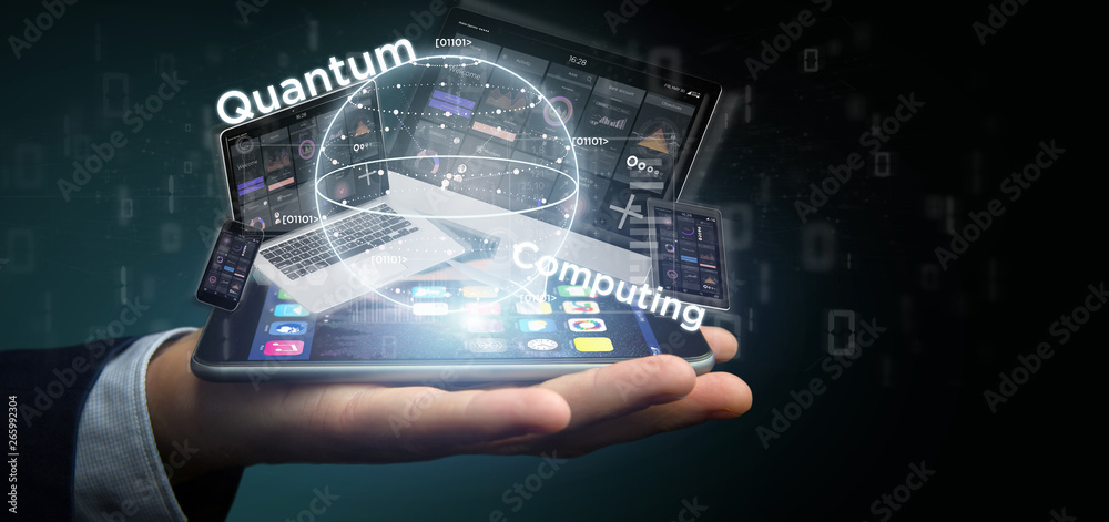 Poster businessman holding quantum computing concept with qubit and devices 3d rendering