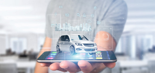 Businessman holding Dashboard smartcar interface with multimedia icon and city map on a background 3d rendering