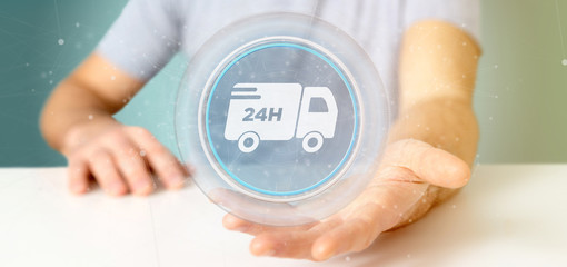 Businessman holding a Fast delivery button with connection 3d rendering