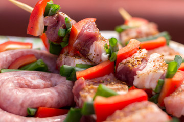 Close up pf delicious chicken breast on wooden skew with fresh vegetables, garlic, paprika fried on mangal barbeque grill and smoke
