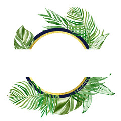 Decorative banner with watercolor tropical green plants. Geometric frame with gold elements. Summer vacations vibes. For cards, invitations.