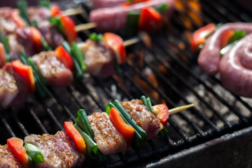 Close up pf delicious chicken breast on wooden skew with fresh vegetables, garlic, paprika fried on mangal barbeque grill and smoke