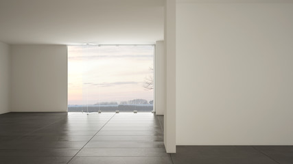 Empty room interior design, open space with big panoramic window on winter meadow with snow, dark gray marble tiles floor, modern contemporary architecture
