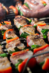 Close up pf delicious chicken breast on wooden skew with fresh vegetables, garlic, paprika fried on mangal barbeque grill and smoke