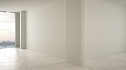 Empty room interior design, open space with big panoramic window on winter meadow with snow, cream marble tiles floor, modern contemporary architecture