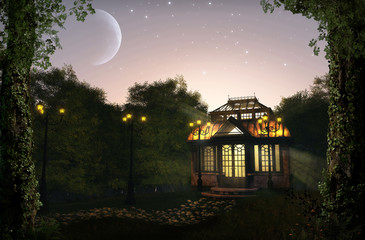 Beautiful illuminated pavilion at night in lush park
