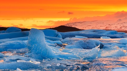 icebergs at sunset