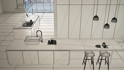 Empty white interior with white ceramic tiles floor, custom architecture design project, black ink sketch, blueprint showing modern kitchen, concept, mock-up, architect idea